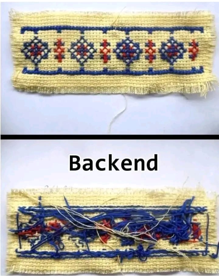 This meme is a visual joke that compares two different coding styles. The top image shows a perfectly written line of code, with a caption "Backend". The bottom image shows a messy, tangled line of code, with a caption "Frontend". The implication is that a "backend" developer would write clean, efficient code, while a "frontend" developer would produce messy, complicated code.